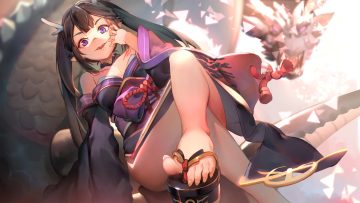black hair dragon fang horns japanese clothes kamisakai kimono long hair original pointed ears purple eyes tattoo twintails