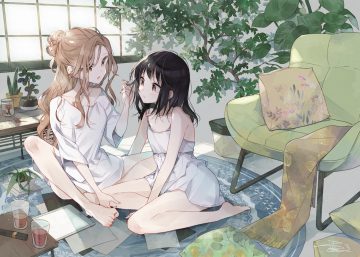 2girls barefoot black hair blonde hair brown eyes computer dress drink futaribeya kawawa sakurako leaves long hair paper short hair shoujo ai summer dress yamabuki kasumi yellow eyes yukiko (tesseract)