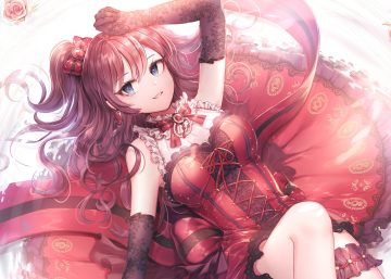 blue eyes bow brown hair elbow gloves flowers garter gloves ichinose shiki idolmaster idolmaster cinderella girls lolita fashion long hair ozzingo rose twintails