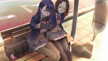 2girls afukuro blue eyes blue hair brown eyes brown hair camera miru tights moegi homi nakabeni yua pantyhose phone school uniform shade short hair skirt