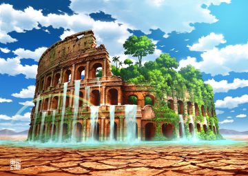 clouds forest no humans original rainbow ruins scenic sky tokyogenso tree water waterfall watermark