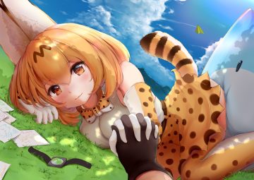animal ears anthropomorphism bow catgirl cat smile clouds elbow gloves gloves grass kemono friends lucky beast (kemono friends) modoi (star) orange eyes orange hair paper serval short hair skirt sky tail thighhighs