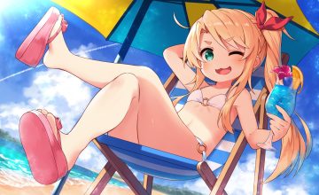 amagasa yun beach bikini blonde hair cat smile clouds drink flat chest food fruit green eyes himesaka noa loli long hair orange (fruit) ponytail sky swimsuit umbrella waifu2x watashi ni tenshi ga maiorita! water wink