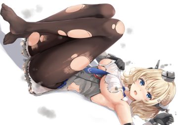 anthropomorphism blonde hair blue eyes braids breasts colorado (kancolle) dress gloves hat kantai collection naigou no bra pantyhose short hair tie torn clothes underboob white