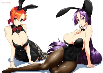 2girls animal ears bodysuit boudica (fate/grand order) bow breasts bunny ears bunnygirl cleavage fate/grand order fate (series) green eyes long hair mattari yufi minamoto no yorimitsu (fate) orange hair pantyhose ponytail purple eyes purple hair short hair skirt thighhighs watermark white wristwear