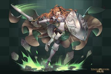 armor boots brown hair dress green green eyes logo long hair madarame (kagetsu) magic pantyhose sword tower of saviors twintails weapon