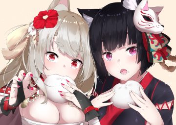2girls aliasing animal ears anthropomorphism azur lane black hair breasts catgirl cleavage close cotton kanzaki doggirl food gloves gray hair japanese clothes long hair mask purple eyes red eyes sarashi short hair underwear yamashiro (azur lane) yuudachi (azur lane)