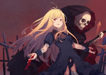 aliasing bandage blonde hair blood dress gothic hood long hair original peroncho red eyes skull wristwear