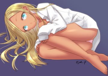 aqua eyes barefoot blonde hair blue dark skin idolmaster idolmaster cinderella girls layla (idolmaster) long hair panties shirt signed underwear yuuki eishi