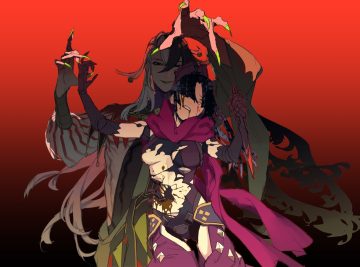 ashiya douman black hair blood breasts doll elbow gloves fate/grand order fate (series) gloves gradient ichimatsu (odoro lol) katou danzou knife long hair male red scarf sketch techgirl torn clothes underboob weapon white hair yellow eyes