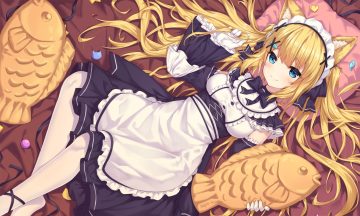 animal ears apron aqua eyes bed blonde hair blush catgirl food gloves hanazono serena headdress long hair maid neps-l ribbons signed stockings taiyaki twintails