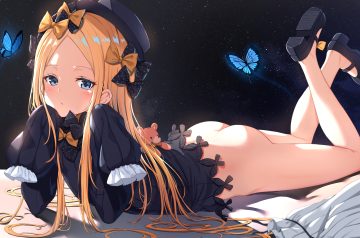 abigail williams (fate/grand order) ass bed blonde hair bloomers blue eyes blush bottomless bow butterfly fate/grand order fate (series) hat loli long hair teddy bear undressing xue lu