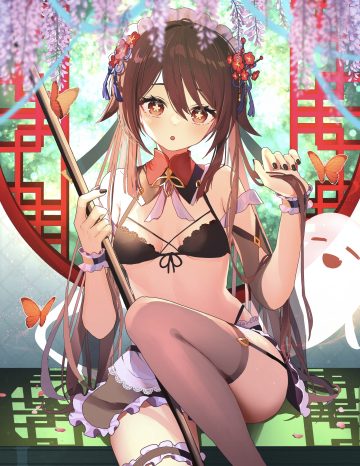 chiroron genshin impact hu tao bra garter maid skirt lift stockings thighhighs