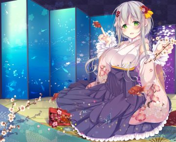 animal blush candy cherry blossoms fish flowers gray hair green eyes japanese clothes kimono original yumemiya subaru