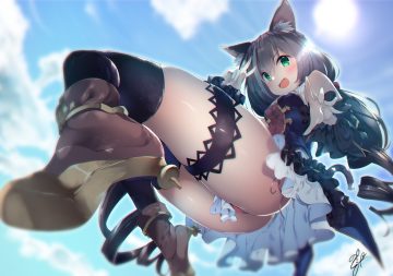 animal ears ass black hair boots catgirl clouds dress garter green eyes karyl long hair noto kurumi panties princess connect! signed sky thighhighs underwear upskirt