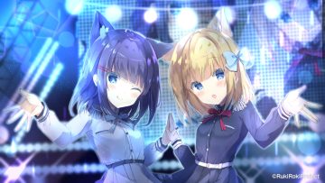 2girls animal ears aqua eyes blonde hair blue hair blush catgirl dress fang rukiroki channel saeki sora sasugano roki sasugano ruki short hair twins uniform wink