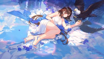 animal anthropomorphism atdan azur lane bird bow brown hair building city clouds dress flowers independence (azur lane) long hair petals red eyes reflection ribbons rose signed sky water