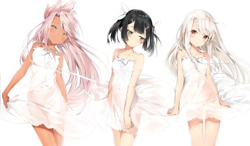 black hair blush chloe von einzbern dark skin dress fate/kaleid liner prisma illya fate (series) illyasviel von einzbern loli long hair miyu edelfelt navel nopan pink hair red eyes see through short hair silver (chenwen) summer dress tattoo twintails white white hair yellow eyes