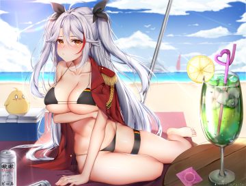 anthropomorphism azur lane barefoot beach bikini breast hold breasts cleavage clouds drink food fruit garter gray hair jpeg artifacts long hair manjuu (azur lane) orange eyes prinz eugen (azur lane) sky swimsuit taitai twintails underboob water watermark