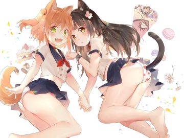 2girls aliasing amafuyu animal ears ass blush brown hair cake catgirl chain collar doggirl flowers food fruit green eyes ice cream loli long hair orange eyes orange hair original panties petals school uniform shackles short hair skirt strawberry tail twintails underwear upskirt white wristwear