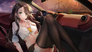 blush breasts brown hair building car city cleavage clouds garter belt green eyes industrial long hair navel original shirt skirt sky stockings tagme (artist) thighhighs