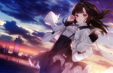 bicolored eyes brown hair building city clouds headband long hair original pantyhose scarf skirt sky sunset tears tsukigami runa
