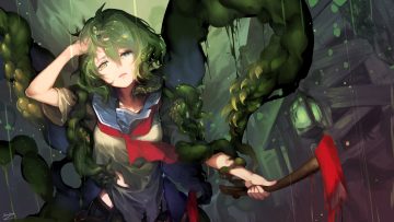 bicolored eyes blood green hair original rain school uniform short hair signed sinchi tears tentacles torn clothes water weapon