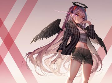 demon feathers gradient halo hood horns illian-san long hair navel original pointed ears purple eyes purple hair shorts wings