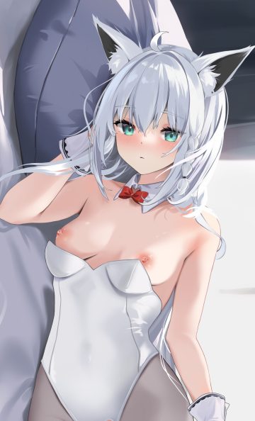 miaohik hololive hololive gamers shirakami fubuki animal ears breasts kitsune leotard nipples no bra pantyhose wardrobe malfunction