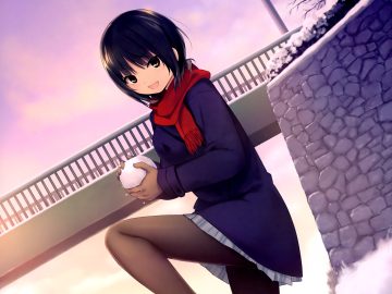 aoyama sumika ball black hair brown eyes coffee-kizoku original pantyhose scan scarf short hair skirt snow winter