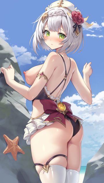 gomashio ponz genshin impact noelle (genshin impact) ass breasts garter nipples stockings swimsuits thighhighs