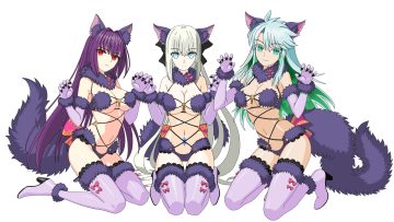 aliasing animal ears aqua hair bikini blue eyes boots breasts cleavage cosplay elbow gloves fate/grand order fate (series) gloves gray hair green eyes kukulkan (fate) long hair morgan le fay (fate) navel purple hair red eyes scathach (fate/grand order) swimsuit tail thighhighs type x white wolfgirl