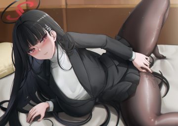 bed black hair blue archive blush fingering halo kuutamo long hair masturbation pussy juice red eyes skirt lift spread legs suit tsukatsuki rio
