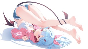 barefoot blue hair blush collar demon hood loli long hair mao shi shisan original pink eyes ponytail shorts succubus tail wings