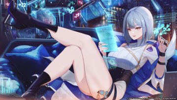 aliasing boots building city computer couch dress dungeon and fighter elbow gloves gimyogi gloves gray hair necklace night short hair sunglasses tagme (character) watermark wristwear yellow eyes
