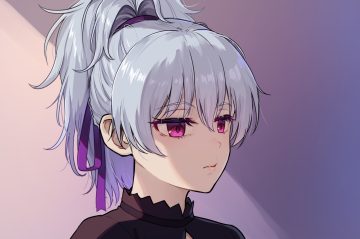 bow close darker than black gray hair kamille (vcx68) long hair ponytail purple eyes ribbons yin