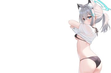 animal ears aqua eyes ass bikini blue archive blush breasts fanteam gray hair halo ponytail see through shirt lift sunaookami shiroko swimsuit third-party edit underboob wet white