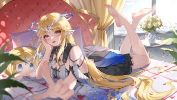 ass barefoot bed blonde hair blush breasts cartethyia (wuthering waves) cleavage congyu dress flowers gray eyes headdress leaves long hair petals pointed ears wuthering waves