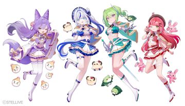 ainy77 aliasing aokumo rin aqua eyes armor blue eyes boots bow bunny cape cat smile fang flat chest foxgirl garter gloves gray hair green eyes green hair group gun hanako nana hat headdress japanese clothes loli long hair navel pink hair ponytail purple hair skirt stellive sword tail tenko shibuki thighhighs twintails uniform watermark weapon white wink wristwear yuzuha riko