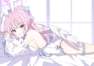 aliasing animal ears bed blue archive blush bow breasts bunny ears bunnygirl garter halo leotard long hair misono mika pink hair ponytail seno (senohime) wings yellow eyes