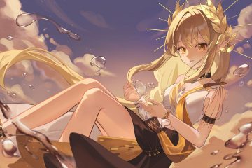 arknights bimo (bimo koa) blonde hair clouds headdress long hair muelsyse (arknights) pointed ears skirt sky water wristwear yellow eyes