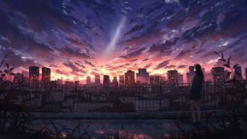 building city clouds dark grass headphones leaves long hair original polychromatic scenic silhouette skirt sky stars sunset yu jing