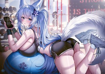 animal ears anthropomorphism ass azur lane ball blue eyes blue hair blush breasts foxgirl long hair phone ponytail shinano (azur lane) shorts socks sports bra tail tansuan (ensj3875) watermark wet wristwear