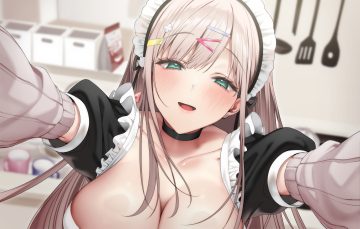 blush breasts brown hair choker cleavage close green eyes haiba 09 headdress long hair maid original