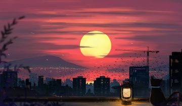 animal bird building cat city clouds no humans original scenic signed sky sunset water yu jing