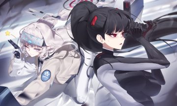 26duck 2girls akeboshi himari black hair blue archive blush bodysuit breasts gloves goggles gray hair gun halo hood long hair pointed ears ponytail purple eyes red eyes signed tsukatsuki rio twintails weapon wink