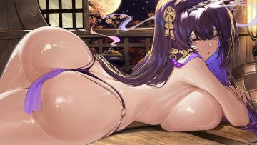 animal ears anthropomorphism ass azur lane breasts brown eyes cherry blossoms dark skin flowers foxgirl horz long hair moon musashi (azur lane) night panties petals purple hair sketch sky topless underwear