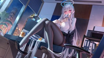 blue archive blush book breasts building cleavage computer drink gray hair halo long hair meion necklace night open shirt pantyhose purple eyes shirt skirt ushio noa