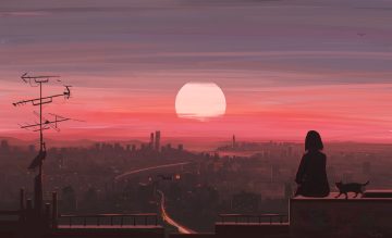animal building cat city clouds original polychromatic scenic short hair signed silhouette sky sunset yu jing