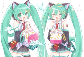 animal ears blush catgirl fang green eyes green hair hatsune miku headphones long hair mcdonald's microphone mipi (u3u 00) sketch skirt tail tattoo thighhighs tie twintails vocaloid zettai ryouiki